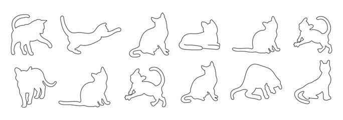 Collection of cat silhouettes in various poses isolated on background