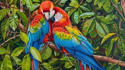 Fototapeta premium A pair of lorikeets perches on a flowering limb, their vivid plumage bursting with color amid delicate petals and leafy greens.