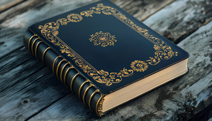 Fototapeta premium Book with golden decor on wooden table over nature background