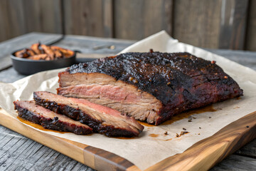 Smoked Barbecue Brisket with Distinctive Bark on Butcher Paper 