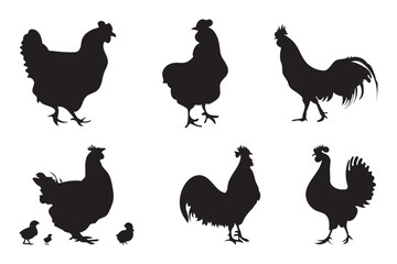 Hen silhouette set vector on white background.