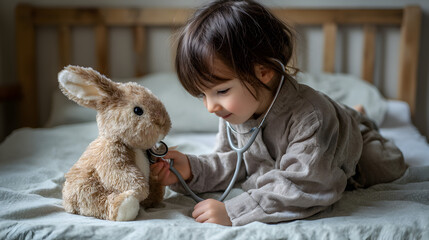 Adorable Toddler Girl Plays Doctor with Plush Bunny Toy