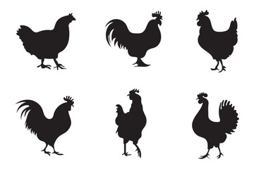 hen or chicken, rooster and chicks silhouette set. hen, rooster and chicks isolated farm animal silhouette icon vector collection