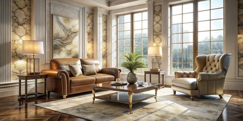 Obraz premium Elegant Living Room with Leather Furniture and Abundant Natural Light