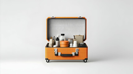 Fototapeta premium Open Orange Suitcase With Travel Items On White Background