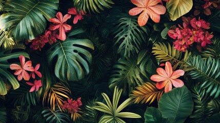 Tropical plants and Jungle background vector. colorful summer pattern design with topical foliage, arts brush and pink color. Modern wallpaper design for prints, poster, cover, cards and. homewares.