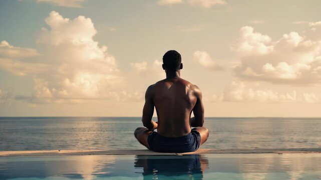 Serene Man Meditates by Infinity Pool Overlooking a Tranquil Ocean at Sunset, Finding Peace and Mindfulness