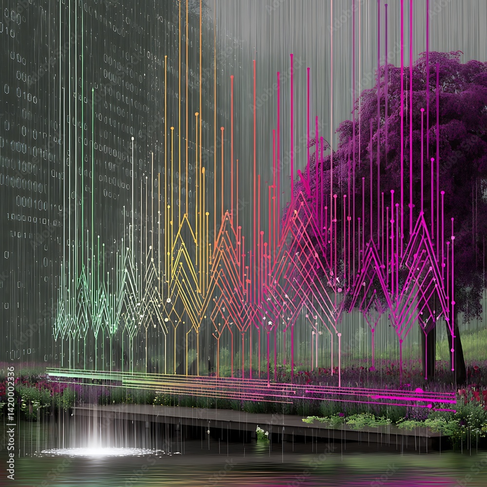 Poster binary code waterfall over data network bridge with purple tree in a digital landscape.