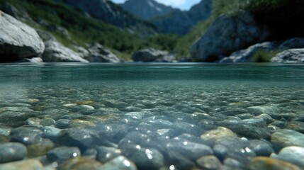 Fototapeta premium Crystal-clear mountain stream, rocks beneath the surface