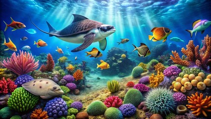 Fototapeta premium Vibrant Underwater Scene Showcasing a Diverse Array of Colorful Fish and Coral Reef Inhabitants Swimming in a Sunlit Ocean