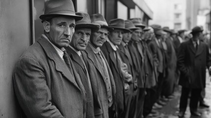 A black and white photograph captures the Great Depression era, depicting a long line of destitute men waiting in queue in search of employment opportunities.