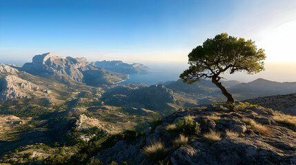 Panoramic View Of Mountainous Coastal Landscape With Solitary Tree