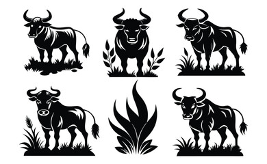 Bull Silhouette Vector Set – Black Animal Silhouettes on White Background – Vector Illustration