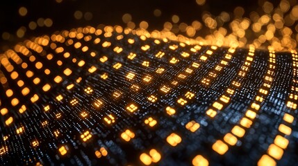 Abstract grid with glowing, squared nodes forms a wavelike terrain surface