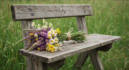 Naklejka premium Bouquet of Wildflowers on Bench (Photo)