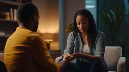 Young African American female psychologist keeping hand of wrist of male patient sitting in front of her and sharing his problems