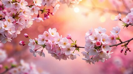 Naklejka premium Vibrant cherry blossoms in full bloom against a soft pink sky with delicate white flowers and lush greenery