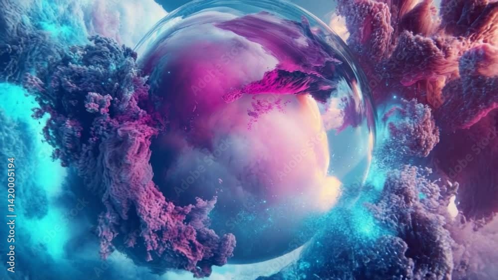 Poster Cosmic Fusion: A mesmerizing fusion of swirling clouds and vibrant colors envelops a luminous sphere.