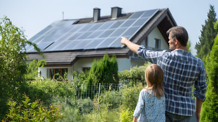 Family admiring solar panels on new home roof