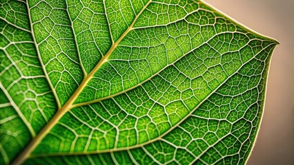 Obraz premium Close-up of a detailed green leaf with intricate veins and texture, against a neutral background