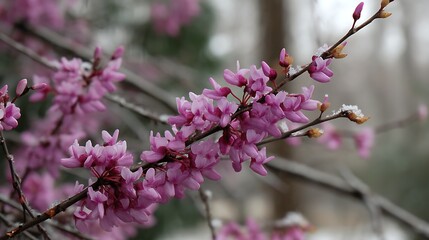 Blossoming Redbud Branches Displaying Vibrant Flowers in Early Spring Season Scenery Outdoors.