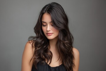 Young woman with long wavy dark hair looking down against grey backdrop. For beauty ads