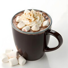 Mug of hot cocoa with whipped cream and marshmallows isolated on white