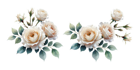 Cream Rose Flower Bouquets Clipart – Transparent PNG. Roses for border, wreath, frame. Perfect wedding stationary, greetings, fashion, background.