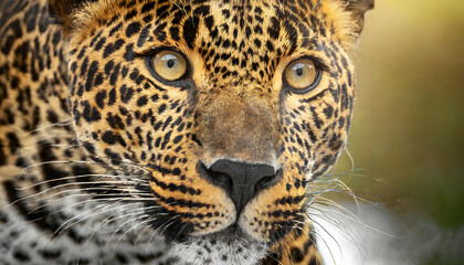 Obraz premium Golden Leopard's Gaze: This breathtaking portrait captures the intense, golden eyes of a magnificent leopard, set against a soft-focus background, emphasizing its striking coat and raw.