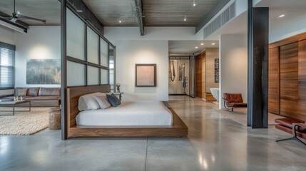 Modern bedroom interior with open space and artwork