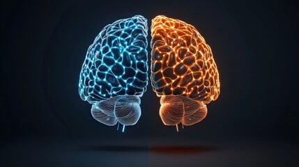 A digital illustration of two brains, one blue and one orange, symbolizing creativity and logic, set against a dark background.