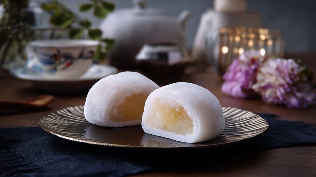 Japanese-style sweet rice cake filled with white bea