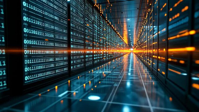 Inside Server Room with Data Servers Illuminated with Orange and Blue Lights