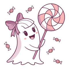Cute Ghost Girl with Swirl Lollipop &ndash; Halloween Candy Vector