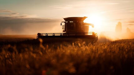 Fototapeta premium Harvesting golden field at sunset, with a large combine.