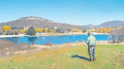 Naklejka premium Lakeside Solitude A Man a Lake and the Distant Hills
