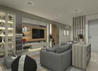 Modern 3D living room interior design featuring a TV cabinet, display cabinet, drawer table, and sofa.