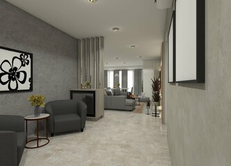 Modern 3D foyer interior featuring a sofa, a minimalist coffee table, and a drawer cabinet used as a partition.