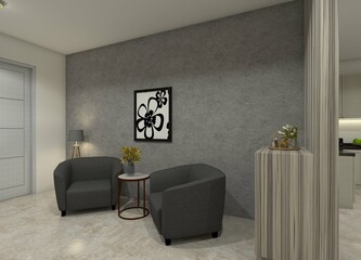Modern 3D minimalist lobby featuring two armchairs and a basic coffee table.