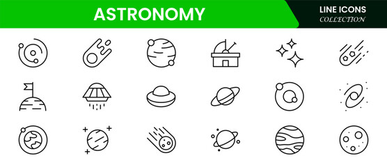 Astronomy Space and Technology icon set. It contains satellites, the universe, astronauts, rockets, comets, telescopes, and planets, as well as more icons related to space and astronomy.
