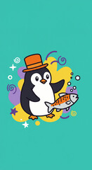 Obraz premium Cartoon Penguin Presenting Fish with Hat against Colorful Background