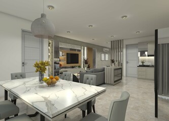 3D dining room interior design featuring a marble dining table and a living room backdrop with a TV cabinet.