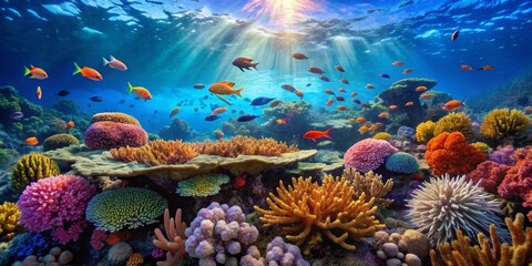 Naklejka premium Vibrant Reef Ecosystem Sunlit Underwater Scene Showcasing Diverse Coral Formations and Colorful Fish Species