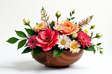 Obraz premium Whimsical floral arrangement in a wooden bowl, rustic, whimsical