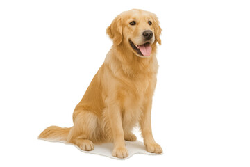 Happy Golden Retriever Sitting on a Simple White Mat with Smile