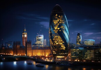 Stunning Night View of London Skyline Featuring Iconic Buildings and Reflections on the River Thames