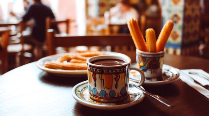 Spanish breakfast a charming caf with churros dipped in thick hot chocolate artistic blurred background inviting warm tones everyday Spain food culture