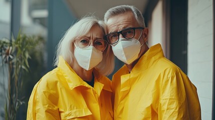 Senior couple stand closely to each other stay at home during quarantine wear protective face masks wear yellow clothing look seriously at camera. Health risks pandemic concept. Mature woman and man
