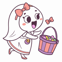 Chibi Ghost Girl in Candy Bucket – Trick or Treat Illustration