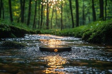 Fototapeta premium Stream flows through a green forest with sunlight filtering through the trees.